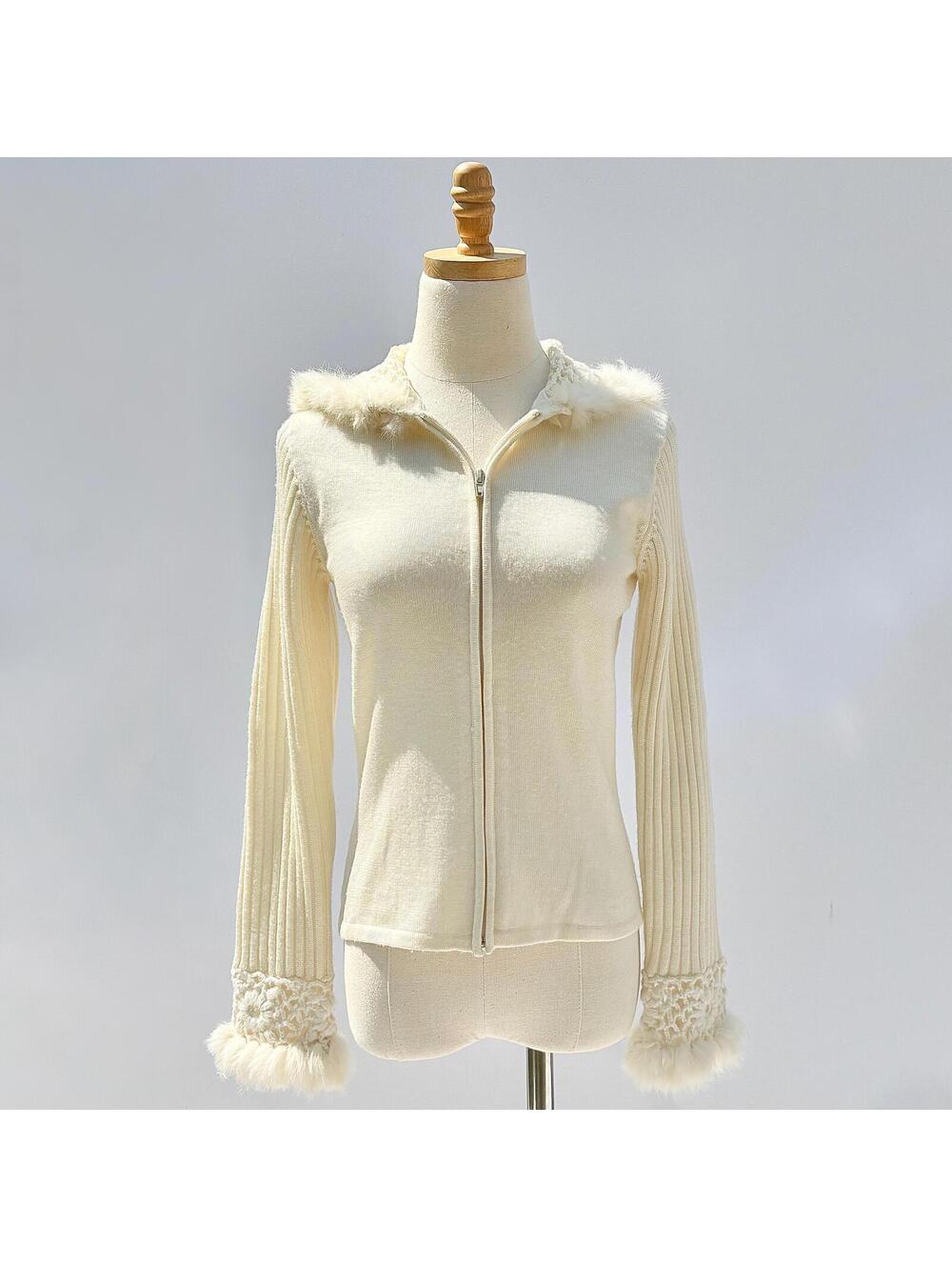Vintage 90s Cabo Ivory Fur Trim Zip-up Hooded Sweater with Crochet Details Small